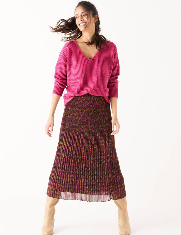 Pull loose col V, maille anglaise toucher doux (framboise) Pull loose col V, maille anglaise toucher doux (framboise)